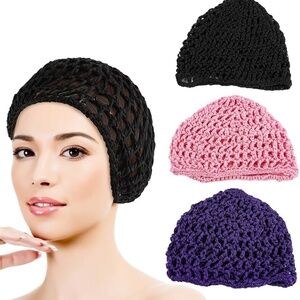 NWOT 3Pack Mesh Crochet Hair Net Rayon Knit Snoods Hat Thick Hairnet Snood Cover